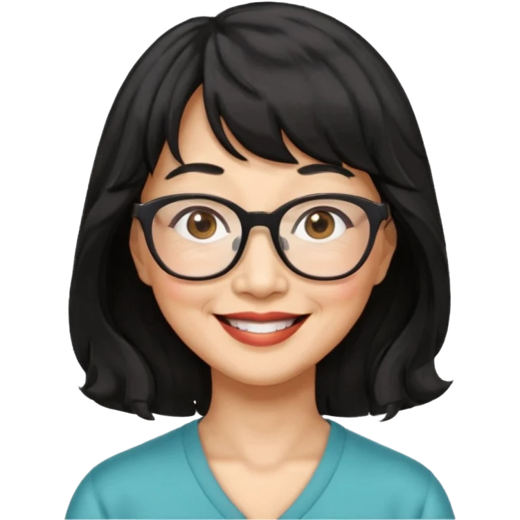 asian woman, 60 yr old, black wavy hair with bangs, big glasses  emoji