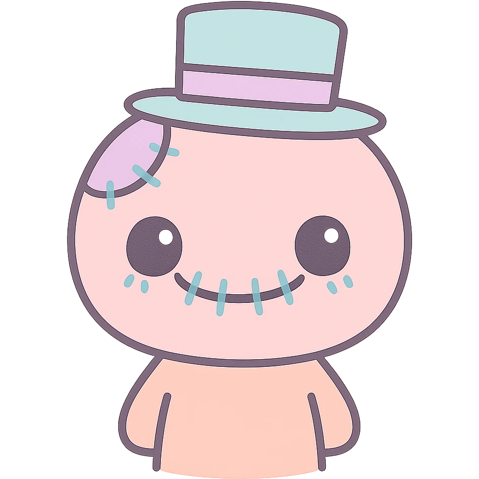 scary cute man, stitched smile, pastel colors, kawaii style emoji