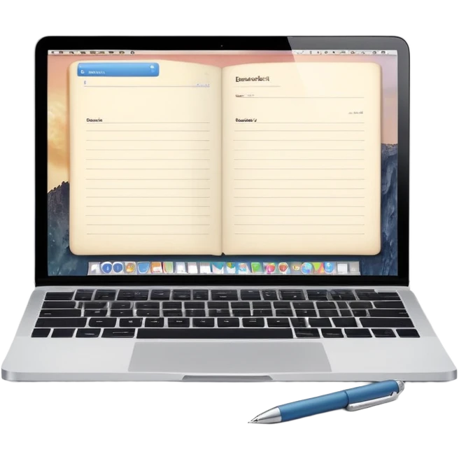 MacBook with booking app open beside vintage paper notebook and pen emoji