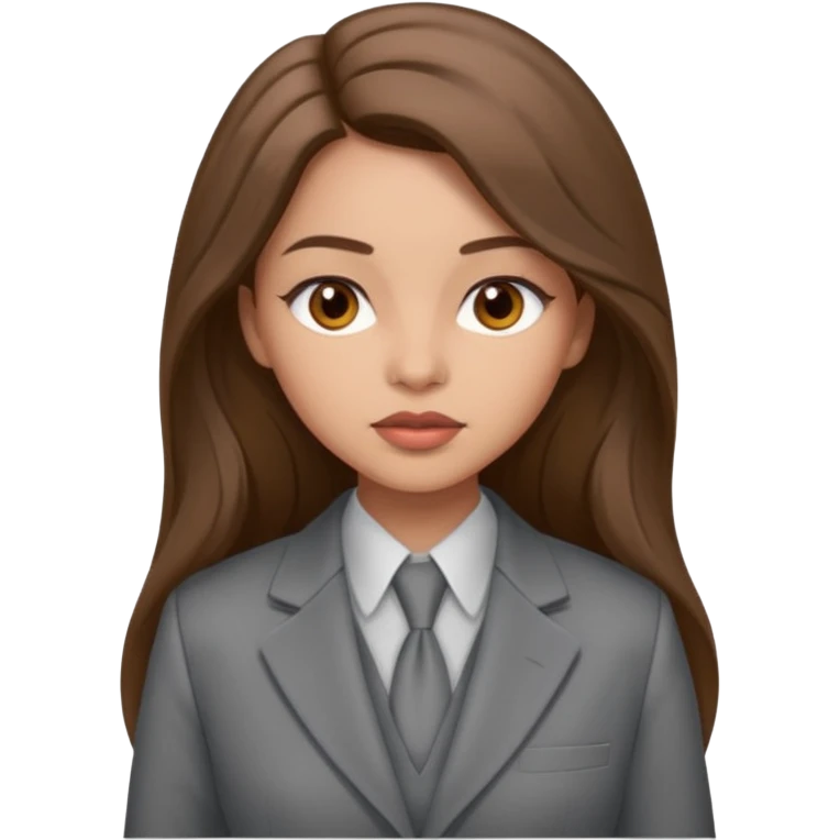 a young woman wearing a gray trouser suit.   She has brown eyes and very long brown hair. Her skin is light. Her lips are plumped emoji