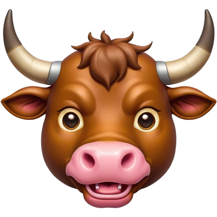 Cinematic Comical Domestic Bull Portrait Emoji, Head tilted dramatically with an exaggeratedly amused expression, featuring a striking, glossy coat with boldly defined horns and wide, expressive eyes brimming with playful disbelief, Simplified yet hilariously expressive features, highly detailed, glowing with a slightly sassy, earthy glow, high shine, dramatic yet playful, stylized with an air of cheeky rural mischief, soft glowing outline, capturing the essence of a spirited and over-the-top domestic bull that looks ready to charge its way into internet fame instantly! emoji