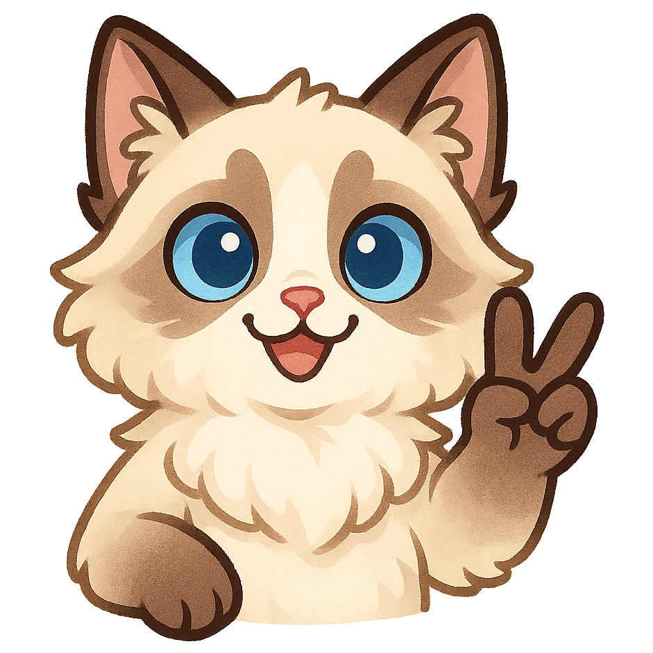 a ragdoll cat throwing a peace sign, fun expressive style, cute cartoonish, fluffy with blue eyes, soft fur, playful, cheerful and friendly emoji