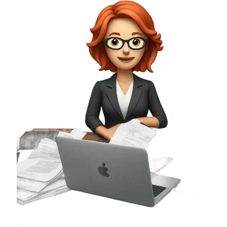 red hair woman wearing glasses desk monitor stack paper emoji