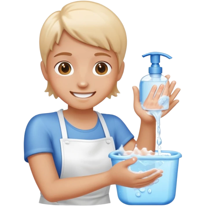 person washing hands with soap and water, cheerful expression, simple and clear emoji
