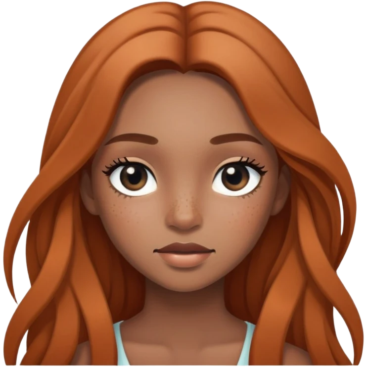 girl with long hair, black eyes, soft makeup, and freckles across her face emoji