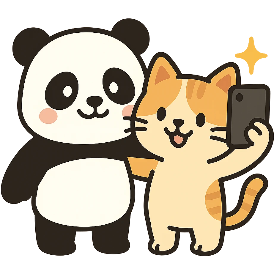 flat toon style panda and cat taking a selfie together emoji