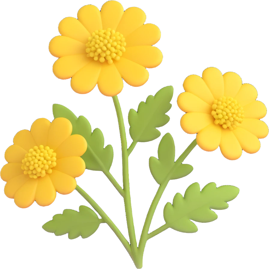 3D iOS cartoon style illustration of a yarrow (тысячилистник) flower, with a voluminous, soft, and playful look. Emphasize rounded, dimensional shapes and bright colors typical of iOS emojis, keeping it natural and expressive without any smiles or faces or anthropomorphic features. emoji