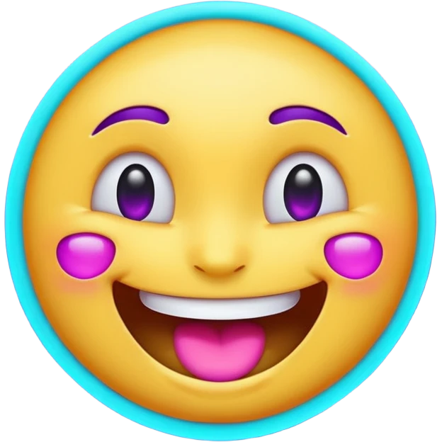 glowing emoji face laughing, purple and cyan neon light, dark background emoji