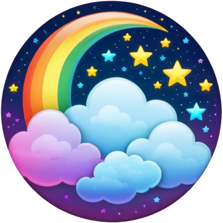 Beveled button with Neon rainbow colored damask style full moon with stars and clouds in the center emoji