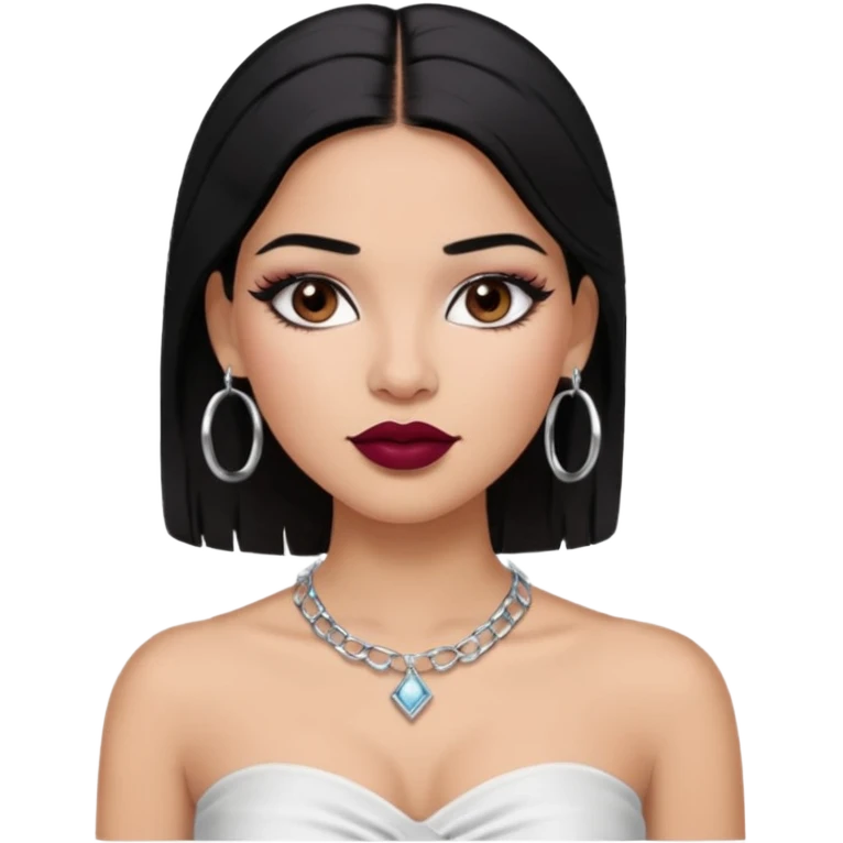 latina makeup olsun, saçları düz, halka küpeler taksın. takıların hepsi gümüş rengi olsun halka küpeler ve kolye dahil. makyajı ağır olsun ve beyaz bir Bandeau top kıyafet giyisin dudakları bordo olsun emoji