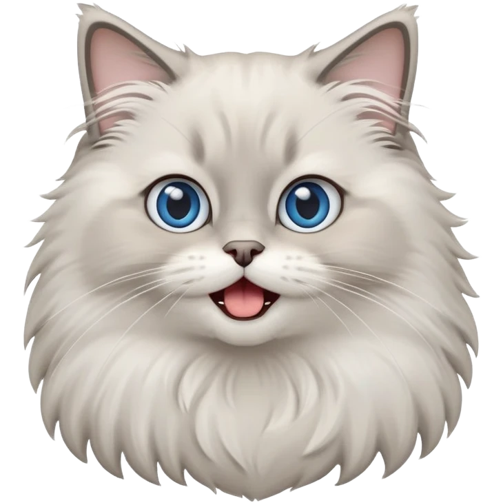 cinematic-adorable-big-eyed-fluffy-grey ragdoll-cat-portrait-emoji,-head-tilted-playfully-with-a-cute,-yawn,-white and grey fur,-simplified-yet-irresistibly-cute-features, blue eyes emoji