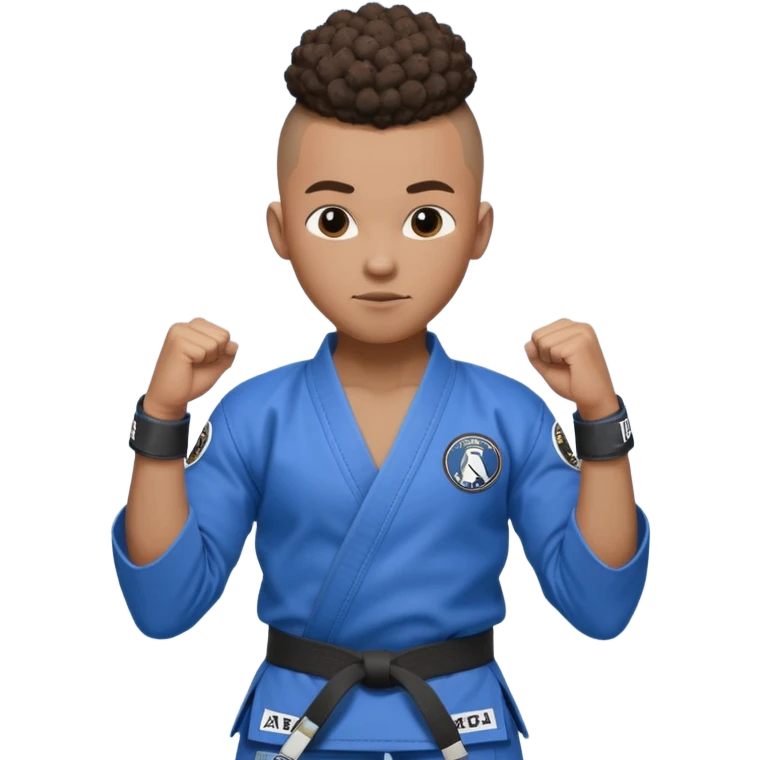 black karate instructor with pony tail afro hair and shaved bald sides haircut, Make the hair brown and the belt blue. Add the roger Gracie academy logo on the go also and the p logo of progress jiu jitsu on the right arm sleeve  at the top emoji