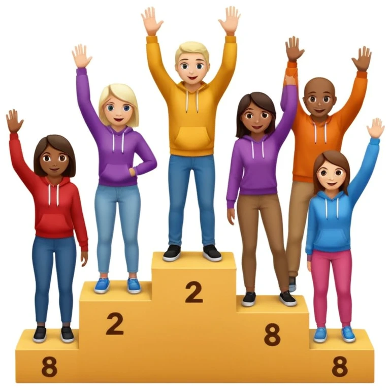 multi-racial group on a brown winners’ podium with the middle step higher, no numbers, all in colorful jeans, t-shirts, and hoodies, one person high fiving, excited fun expressive emoji style emoji