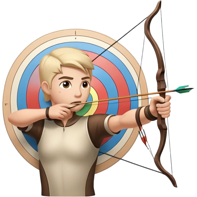 An archer drawing a bow and aiming an arrow at a target, with perfect focus and precision. The target is visible in the background, featuring concentric rings. The scene captures the concentration and skill involved in archery, emphasizing the elegance and accuracy of the sport. emoji