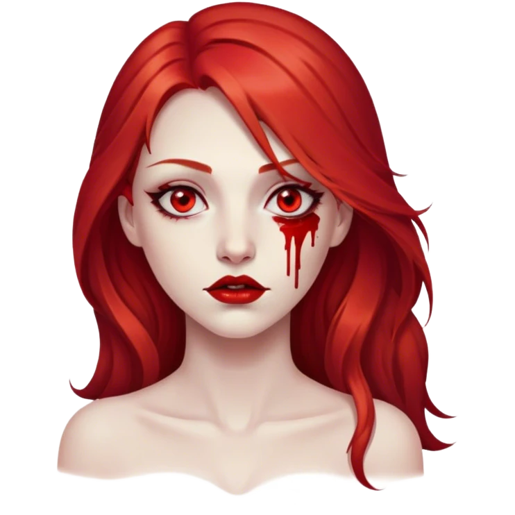 a woman with long red hair and red eyes. She have red lipstick. blood on face and metaphorical chest emoji