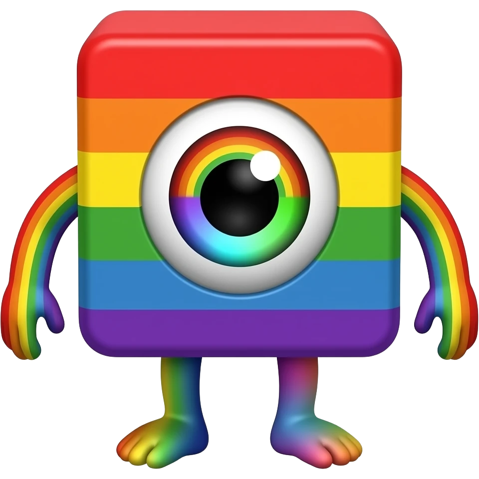 a rainbow block with a rainbow arm, rainbow legs, rainbow eye, and rainbow emoji