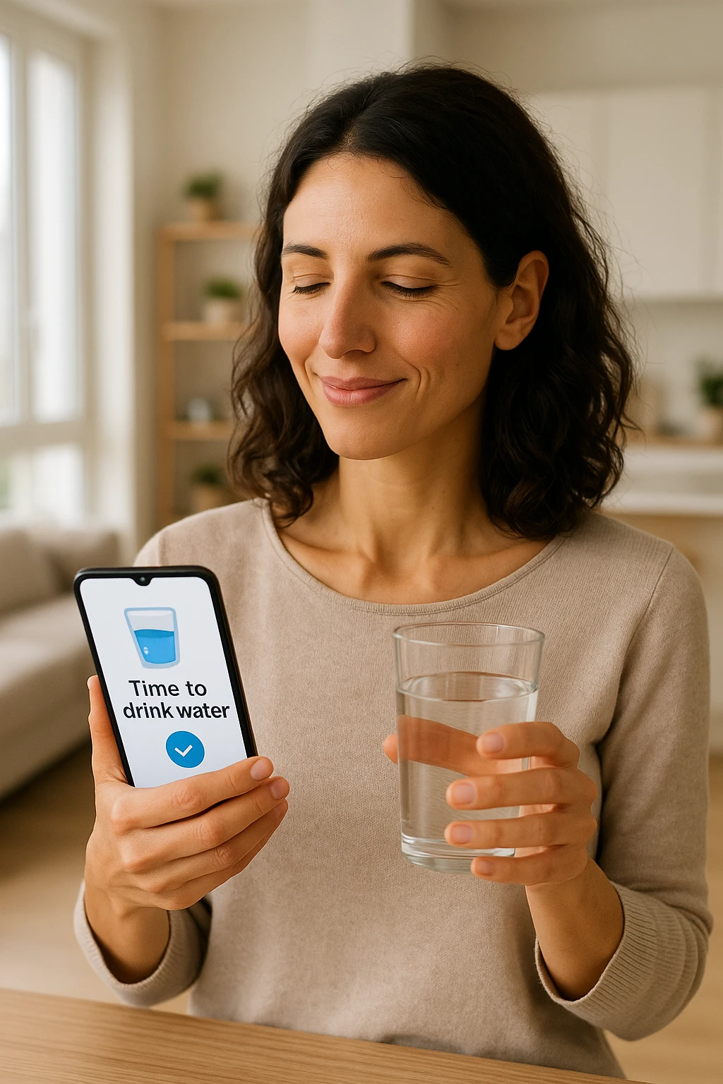 Donna che usa App per ricordarsi di bere, altrimenti non beve mai in italiano emoji