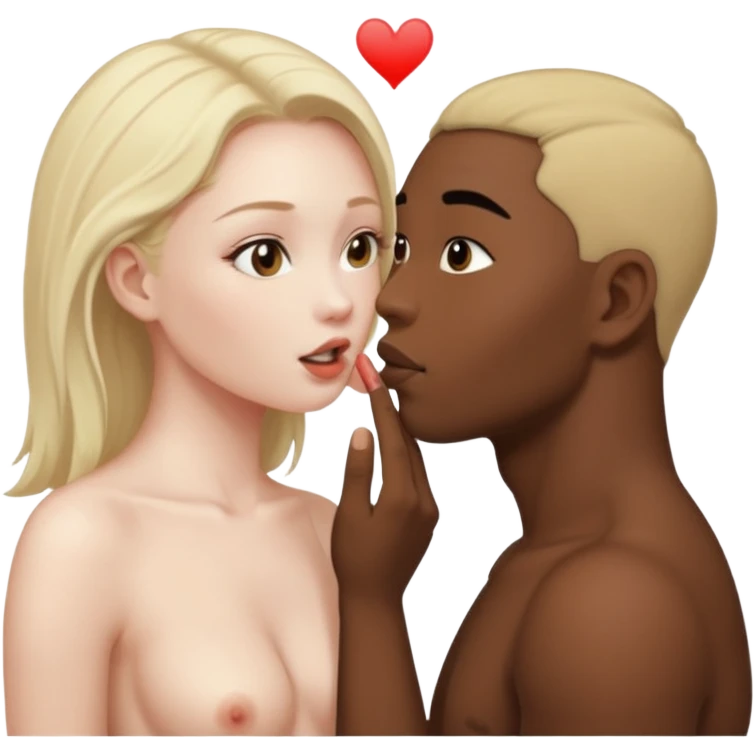 Nude light-skinned female giving fellatio to darker-skinned asian male emoji