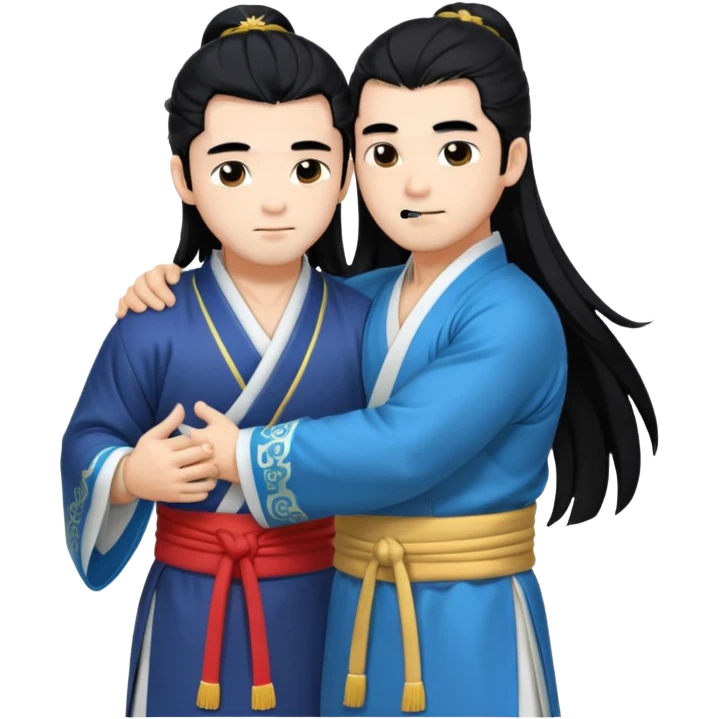 two muscled guys hugging in hanfu clothes, long hair emoji