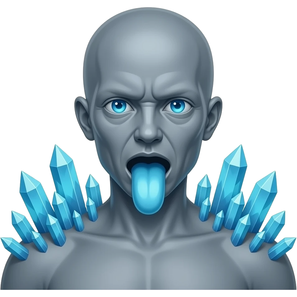 Weird Crystal humanoid thing with crystals growing on its back in glowing blue eyes with a gray body with a growing mouth emoji
