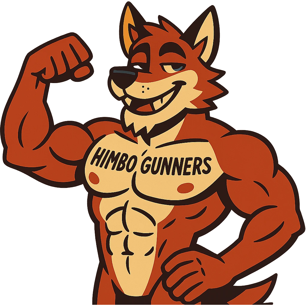 extremely muscular, attractive wolf furry, shirtless, with 'Himbo Gunners' tattoo across chest, flexing, confident and good-looking emoji