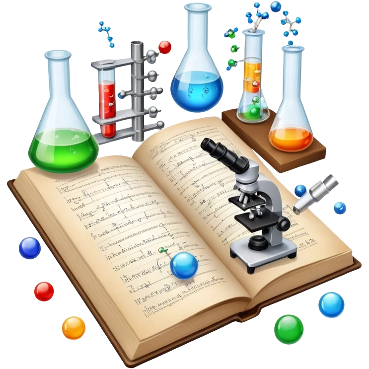 Icon for Scientific and Educational Reading: an open book with mathematical and physical formulas on the pages, with molecules and atoms flying out. On the desk are test tubes, flasks, and a microscope. Transparent background. emoji
