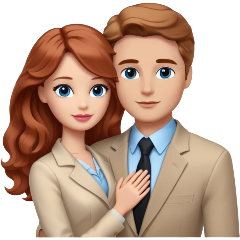 Barbie girl  , eyes blue , Chestnut red long wavy hair In pale beige clothes, Hugs a man with pale brown hair short haircut, brown eyes , and a black suit emoji