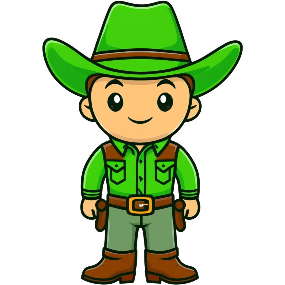Cartoon cowboy with bright green outfit and matching green cowboy hat, western style emoji