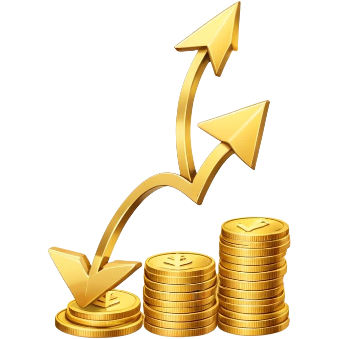upward arrow beside a small stack of gold coins, financial growth symbol emoji