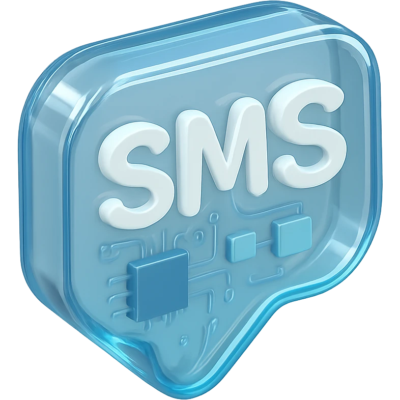 Modern SMS icon with circuit board patterns, glossy finish, transparent background emoji