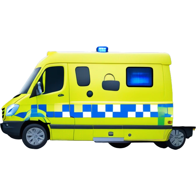 Mercedes sprinter ambulance, yellow body, with green and yellow checkerboard print strip along the bottom. NHS blue and white logo on the side. Blue flashing lights.  emoji