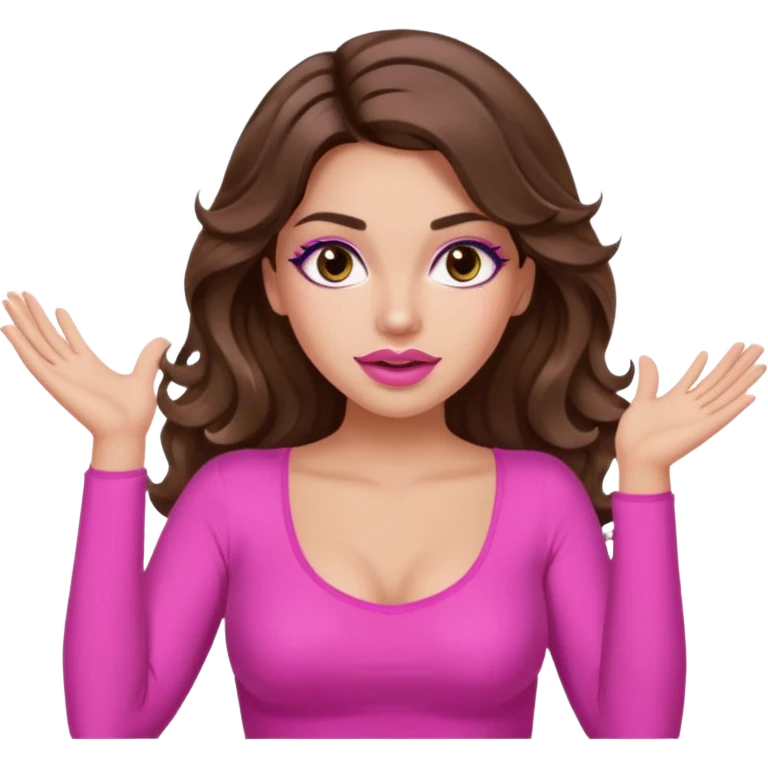 girl with long wavy brown hair, brown eyes, long lashes makeup, sexy pink lips, light to medium complexion, pink sexy top, two hands up, shrugging emoji