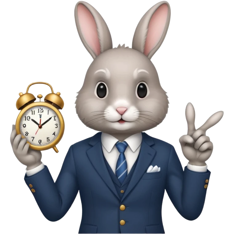 A rabbitwearing a suitand holding a clockand pointing at the clock emoji