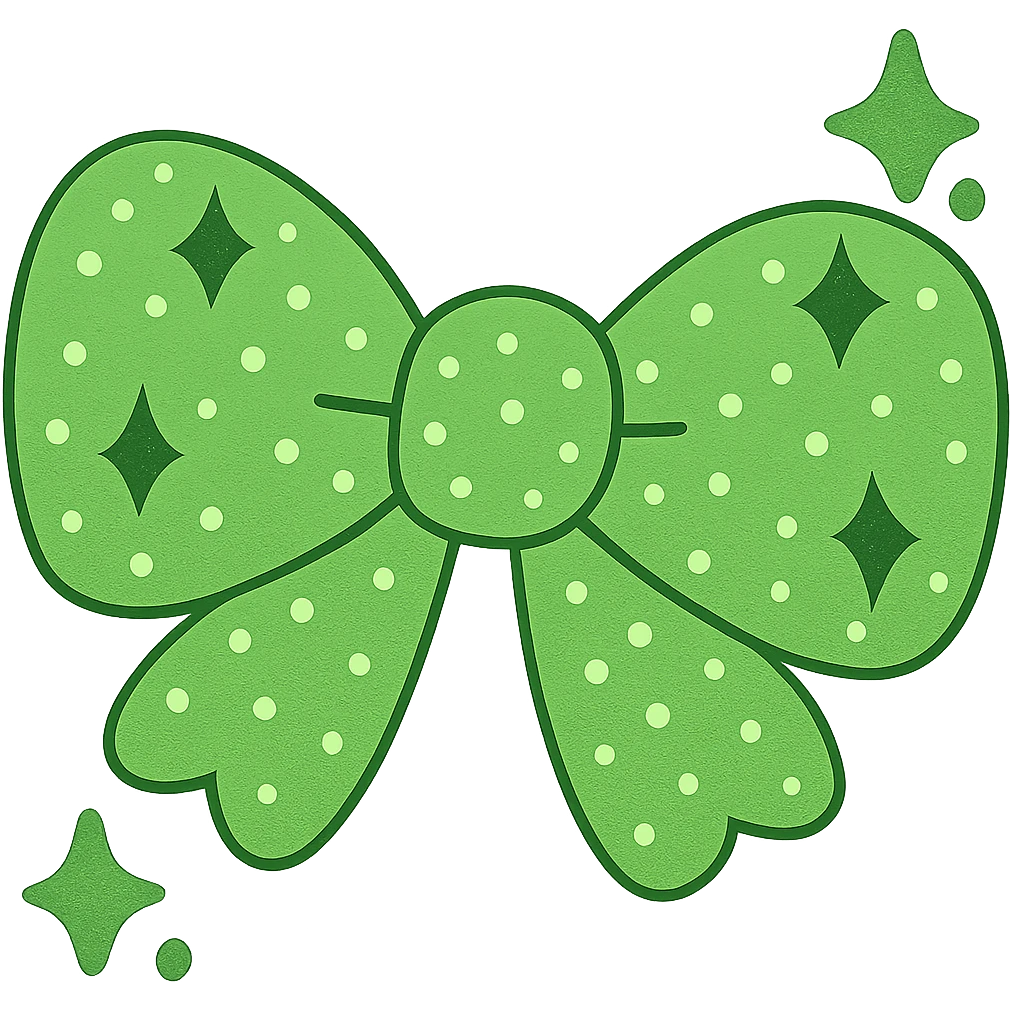 Make the glittery bow green, keep it sparkling and decorative with no background. The style should maintain the glittery and sparkling texture with a decorative look. emoji