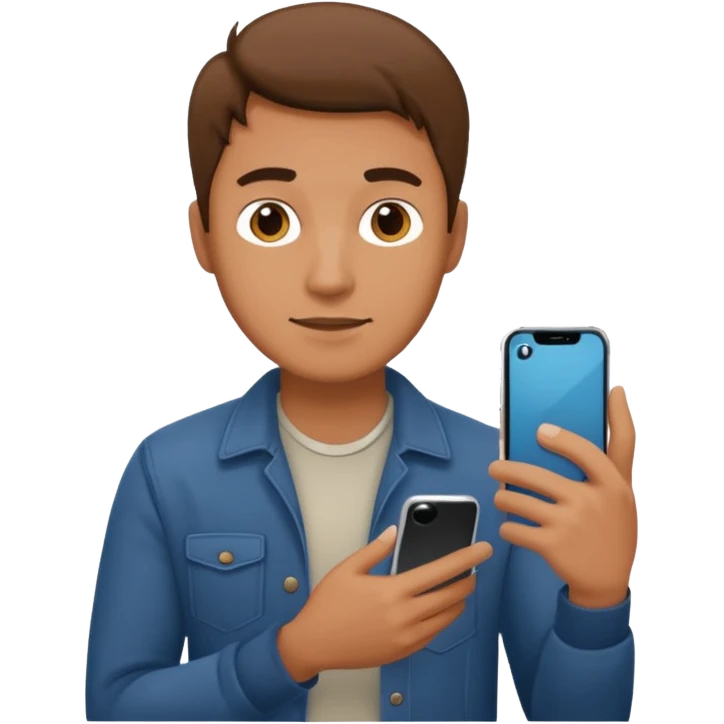 man casual clothes holding one phone emoji
