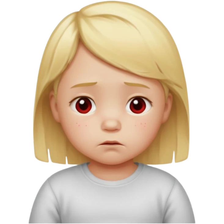 bebe com bolinhas vermelhas pequenas pelo corpo de tamanhos variados e loiro com cara de triste emoji