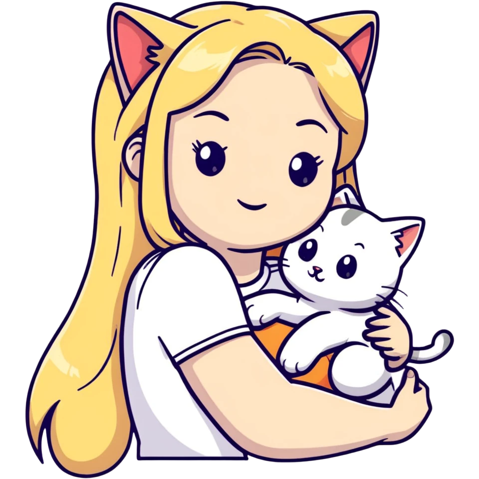 pretty woman with pale skin, very long blonde hair hugging a cat emoji