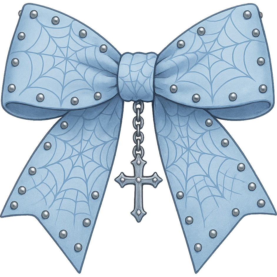 Create a pastel blue gothic bow oversized with silver studs, spiderweb patterns, and a dangling cross. The image should have no background and be in a general style. emoji
