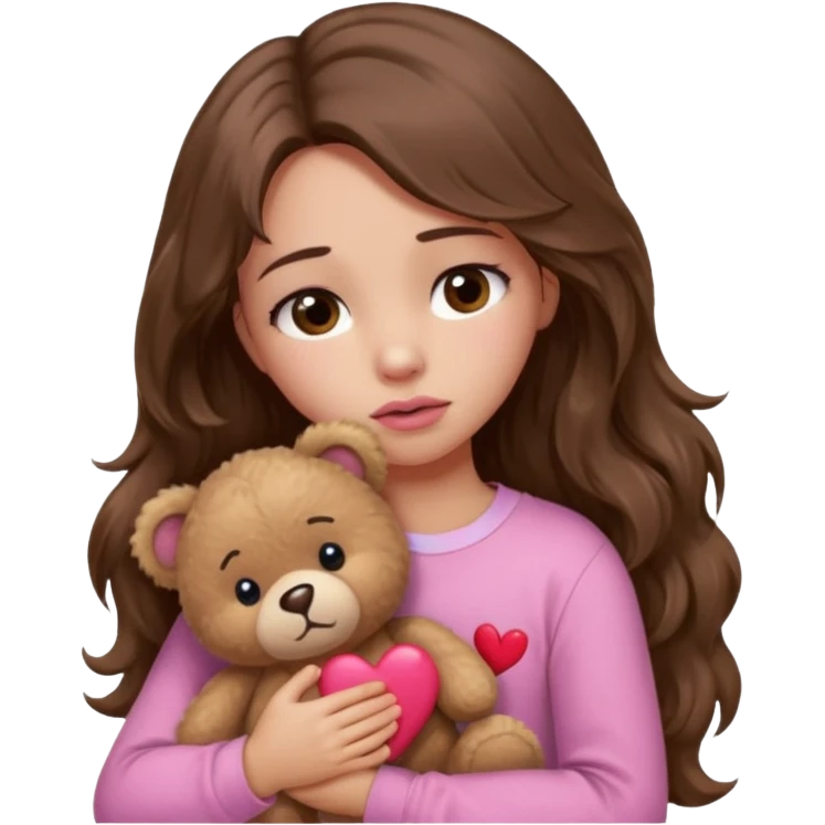 girl with long wavy brown hair, brown eyes, light to medium complexion, in a pink shirt, pink lips, long lashes, sad crying , hugging a teddy bear with a  heart emoji
