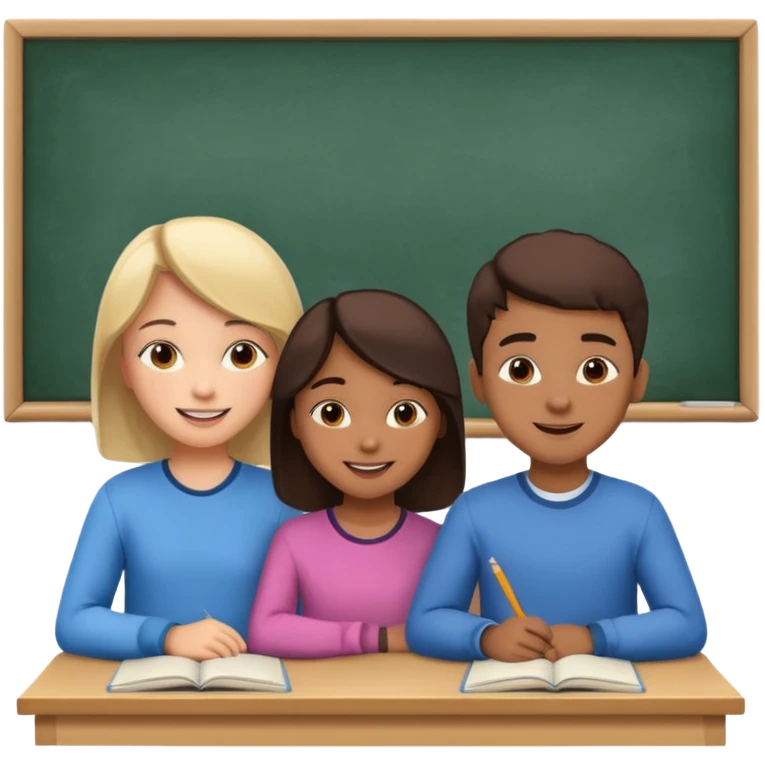 a group of students of both genders (boy and girl) talking to each other quietly in a classroom (let them face each other) emoji