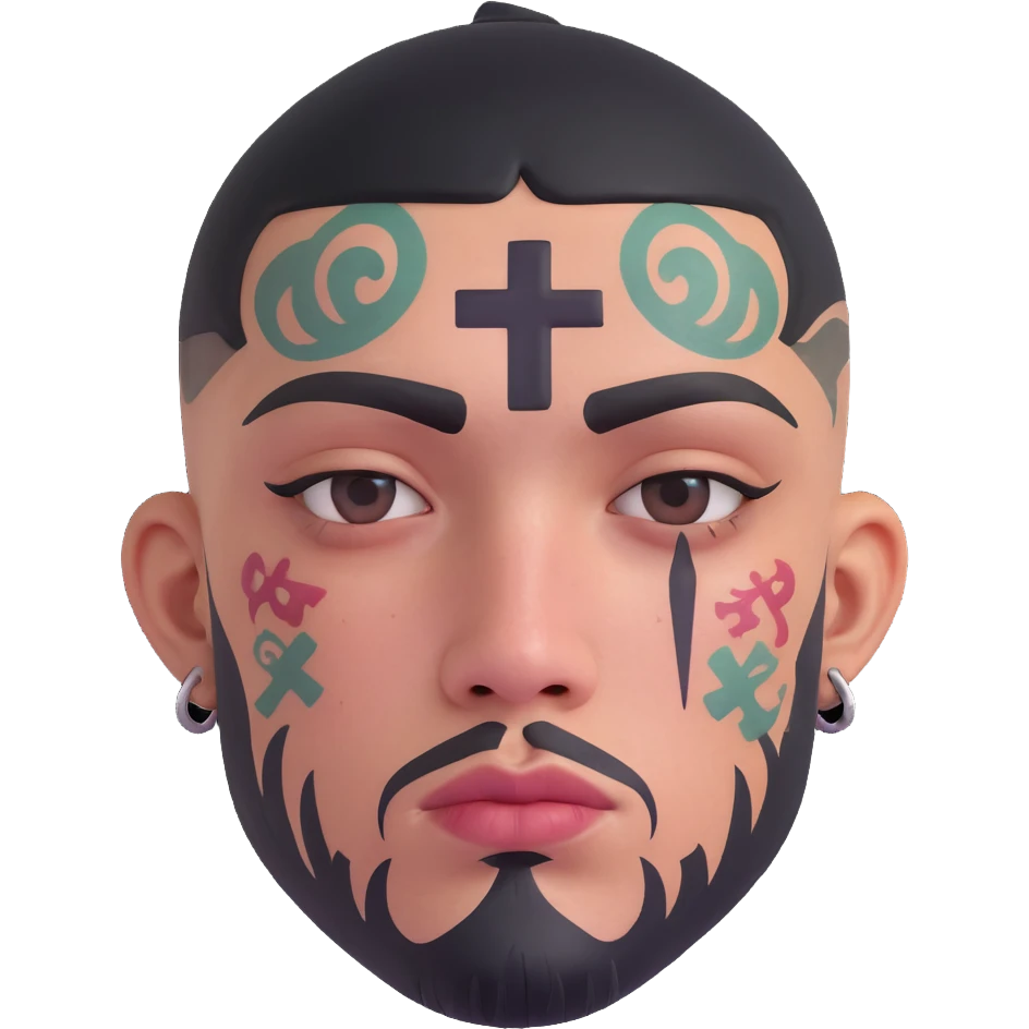 gangster with multiple face tattoos, teardrop under eye, cross tattoo on cheek, tough vibe emoji