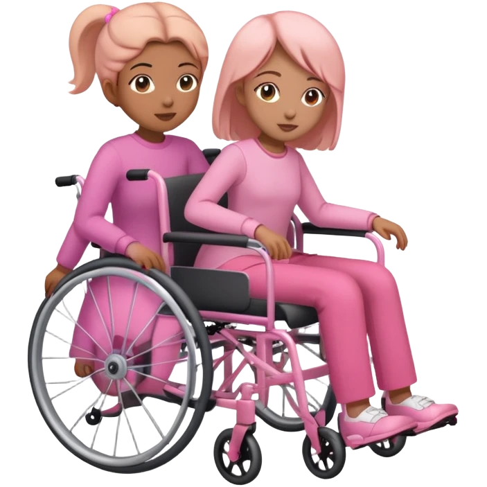 One peach skin sister pushing her light brown skin sister in a pink wheelchair emoji