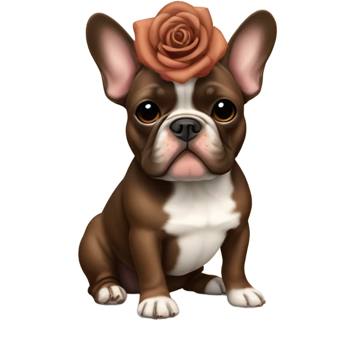 Tan and Chocolate brown French bulldog with a rose on its head emoji