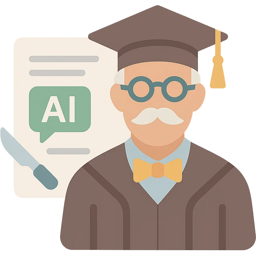 sleek clinical icon of a dignified intellectual professor with classic academia style, subtle scalpel sub-graphic, minimal document background with implied text and AI chat interface hints, refined historic academic color scheme, minimal Apple-like aesthetic emoji