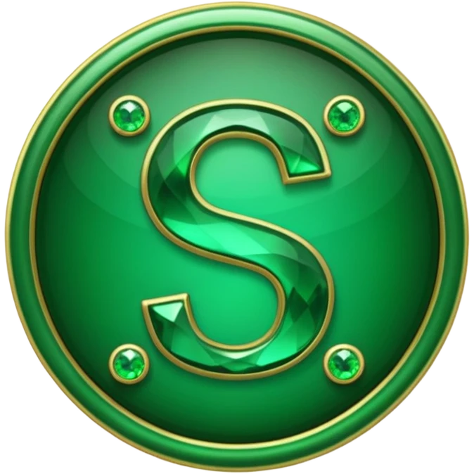 Create a custom emoji badge featuring a stylized, glossy letter “S”. Theme it according to the Emerald rank from League of Legends. Use deep green gemstones, bright emerald glows, and polished metallic framing. Luxurious and clean. emoji