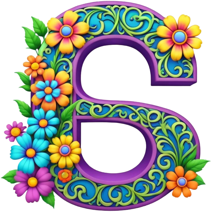 3D, gothic style psychedelic colored Letter S with hippie style flower border emoji