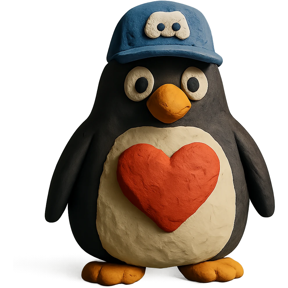large penguin with a Discord hat and a large heart on chest emoji