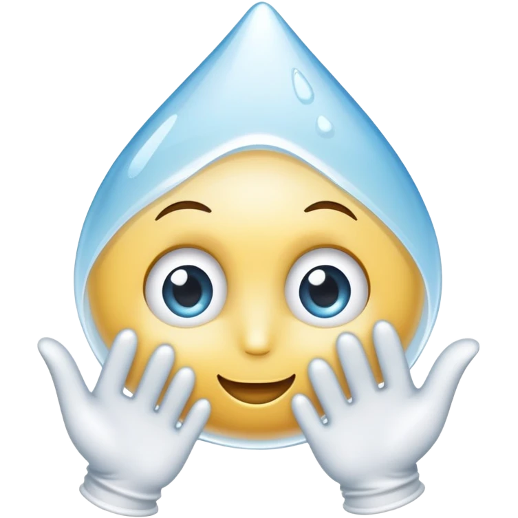 A water droplet holding a white glove and having eyes and a mouth. emoji