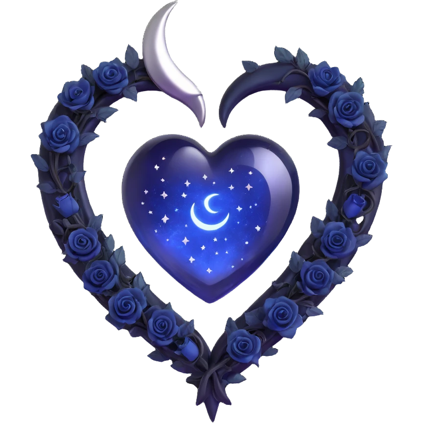 gothic heart made of midnight blue glass with a silver crescent moon, tiny black roses, shimmering stardust, magical glowing aura, floating runes emoji