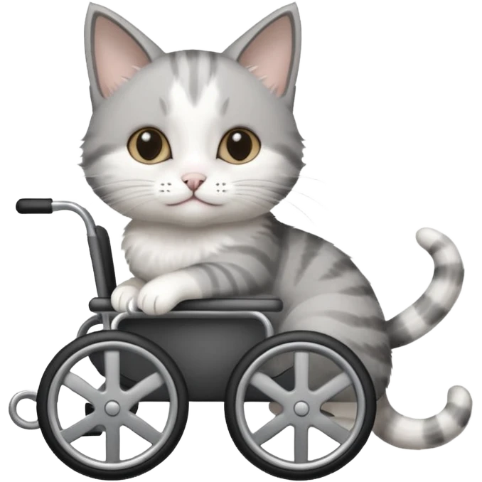 disabled grey and white small cat using cat wheelchair emoji